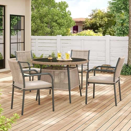 Merax Gartenmöbel-Set Esstisch Gartenmöbel Set aus Rattan, Fünfteiliges Set mit Runder Glastisch und 4 Armlehnstühlen, Eisengestell, Geeignet für Terrasse, Balkon, Garten - Grau