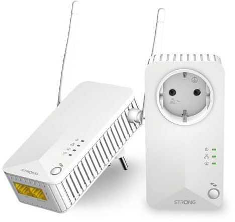 STRONG AV600 Powerline Adapter set med uttag, WLAN 300 Mbit/s, HomePlug AV2 Powerline Internet-förstärkare, plug and play, en knappsäkerhet, 100 Mbit/s LAN-portar (POWERLWF600DUOEUV2)