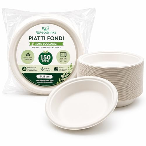 ecodrinks 150 Piatti di Carta Fondi - Diametro 21 cm, Compostabili, Usa e Getta - Cellulosa Naturale Biodegradabile, Adatti al Microonde - Design Neutro Adatto ad Ogni Occasione