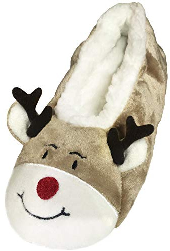TOOTSIES Ladies Womens Girls Red Novelty Festive Santa Claus Rudolph Reindeer Christmas Slippers with Fur Fleece Lining-RUDOLPH-5/7