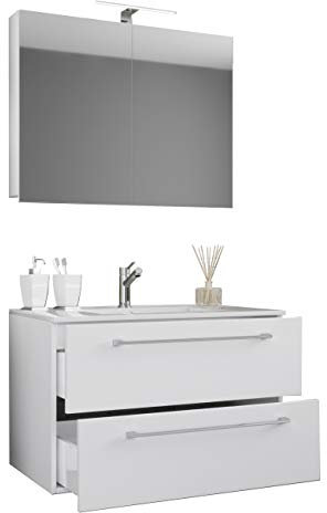 VCM 3-TLG. Waschplatz Waschtisch Badmöbel Set Waschbecken Badinos Schublade SC 60, Weiß