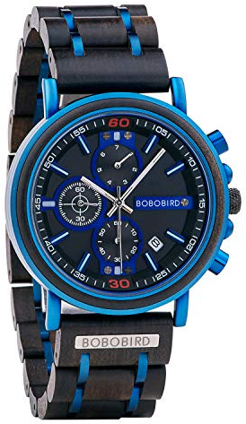BOBO BIRD Mens Wooden Watch Stylish Blue Wood Stainless Steel Combined Chronograph with Luminous Pointers Fashion Business Timepiece for Men/Father/Husband/Son