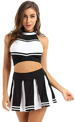 Freebily Cheerleading Kostüm Damen Tanz Outfit Stehkragen Ärmelloses Crop Top mit Mini Faltenrock Schulmädchen Cosplay Kleidung Set Schwarz S