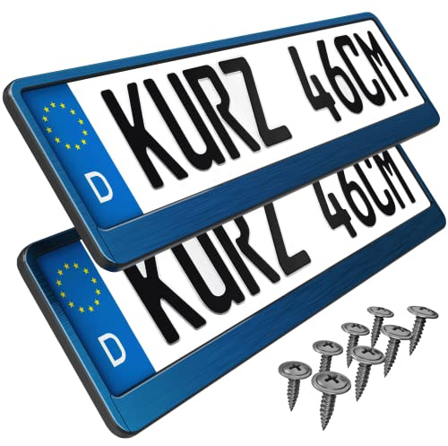 2 Kennzeichenhalter kurz 46 x 11cm Auto Nummernschildhalter Kurze Kennzeichenhalterung 460mm x 110mm kurzer Kennzeichenhalter (Blau Chrom gebürstet)