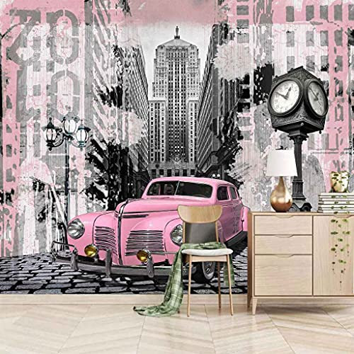 FCMBEJ 3D Wandbilder Tapete Retro rosa Oldtimer Wandbild Wohnzimmer TV Hintergrund Wanddekor Tapet Wanddekoration fototapete Tapete Selbstklebend wandbild Schlafzimmer 350x256 cm (B x H)