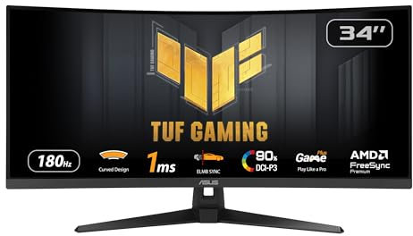 ASUS TUF Gaming VG34VQ3B Monitor Gaming Curvo da 34” pollici WQHD (3440x1440), 180Hz ELMB SYNC, FreeSync Premium, Tempo di Risposta 1ms, 90% DCI-P3, DisplayWidget Center