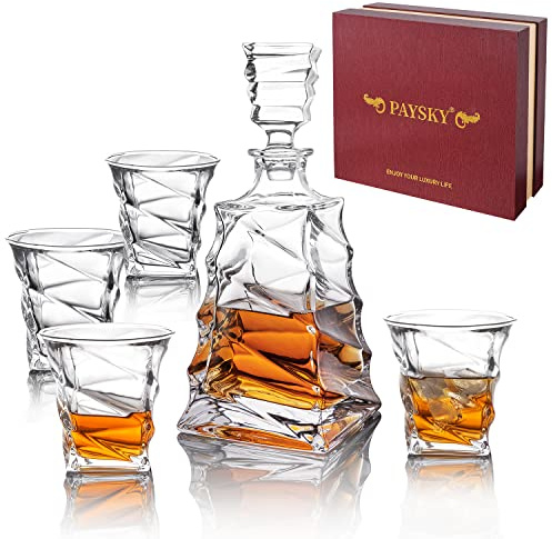 5-teiliges Whiskey-Dekanter- und Whisky-Gläser-Set aus handgefertigtem Glas, Kristall-Dekanter-Set mit 4 doppelten altmodischen Gläsern, 100% bleifreies Whiskey-Glas