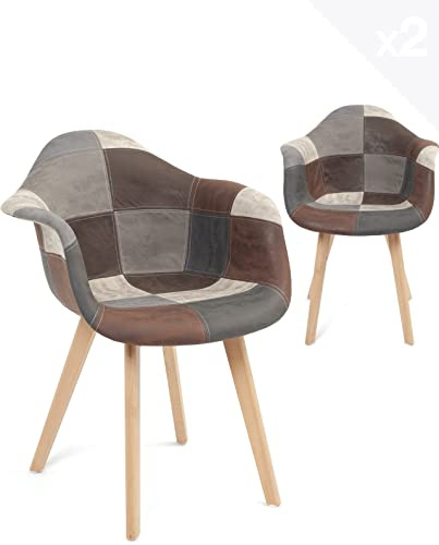 KAYELLES Lot de 2 chaises fauteuils scandinaves Patchwork Multicolore, siège à accoudoirs, rembourré Mousse, Pieds Bois de hêtre Claire NEDA (Patchwork Gris Bleu)