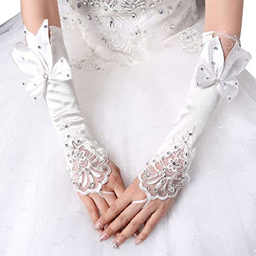 VITAU Lange Damen-Brauthandschuhe, Fingerlose Blumenspitze, Patchwork-Fäustlinge, Glitzer, Strass, Bowknot, Länge, Hakenfinger