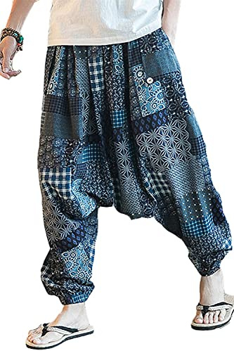 perdontoo Mens Casual Harem Pants Fancy Print Wide Leg Baggy Trousers (Color 5, S)