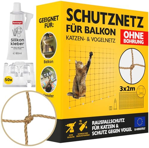Konzept 11 - Katzennetz für Balkon Ohne Bohren Set 3x2M, Vogelabwehr Sicherheitsnetz für Fenster, Balkon, Katze, Starker Balkonnetz Vogelschutznetz Volierennetz
