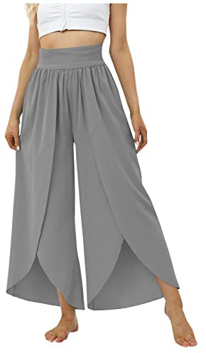 Leinenhose Damen Leichte Sommerhose, Wickelhose mit Schlitz Weites Bein Rüschen Hose Flowy Sommer Yogahose Leicht Luftige Plissee Bequeme Sporthose Matschhose Jungen Bikinihose schwarz Damen