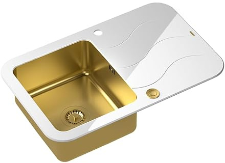 QUADRON Evier de cuisine en verre trempé GLEN 211 | Dimensions : 78 x 50 x 19 cm | Couleur : Pvd-Golden | GLEN 211 | Evier encastrable avec trou pour robinetterie - Evier de cuisine simple en acier