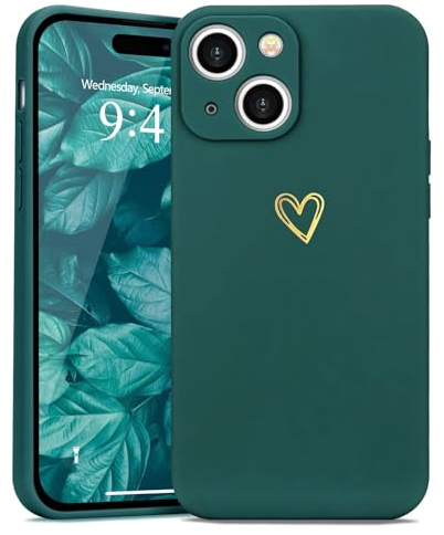 Wirvyuer Kompatibel mit iPhone 15 Handyhülle Mädchen,Dunkelgrün | Gold Süßes Liebesherz Hülle, Stoßfest Schutzhülle für Damen und Mädchen, Weich Silikon Handyhülle, Slim Cute Gold Love Case