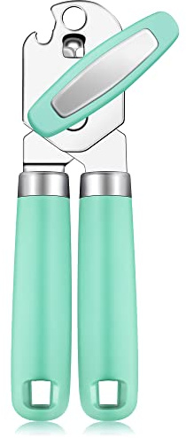 Rainspire Can Opener Manual Handheld Strong Manual Can Opener Smooth Edge Cut, Can Opener Heavy Duty, Comfortable Soft Handle, Built-in Bottle Opener, Black (Mint Green)