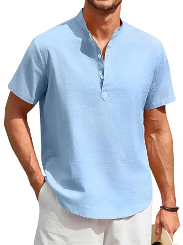 Enlision Linen Shirts Men Short Sleeve Summer Holiday Beach Grandad Collar Shirt Casual Lightweight Collarless Sky Blue Henley Shirts for Men 3XL