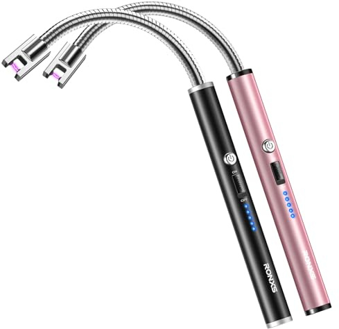 RONXS Stabfeuerzeug Elektrisch, Feuerzeug Langer Hals Typ C Aufladbar, 2PCS | Lichtbogen ohne Gas und ohne Flamme, winddicht, Sicherheitsschloss, Akkuanzeige, Kerzenanzünder für Küche Grill Kamin