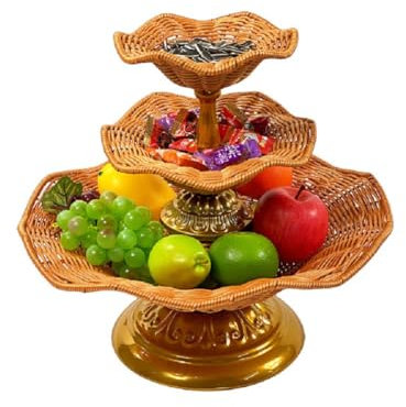 JUNYFFF Frutero De 3 Pisos - Cesta De Frutas Tejido De Ratán para Mostrador Y Organizador Cocina – Fruteros De Cocina Estilo Vintage – para Verduras Y Frutas Frescas - Soporte De Frutas con Cuencos