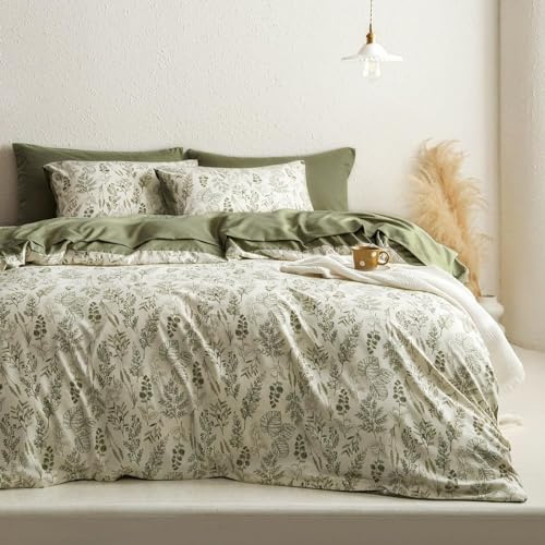 Freyamy Bettwäsche 135x200cm 2teilig Grün Olivengrün Blätter Pflanzen Bettwaren-Sets 100% Microfaser Pflanzenmuster Bettwäsche Elegante Bettbezug mit Reißverschluss und Kissenbezug 80x80cm