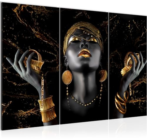 Runa Art Wandbilder Afrikanisсhe Frau Bild XXL Wohnzimmer Schlafzimmer Schwarz Gold Fashion Beauty 120 x 80 cm 3 Teilig 045431b