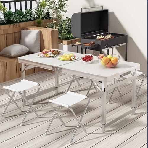 TRUNXUCL Campingtisch Klappbar Set mit 4 Klapphockern, Tragbarer Campingtisch Faltbar für den Außenbereich, Höhenverstellbarer Tisch für Party, Hochzeit, Küche, Grillen(Color:Wit)
