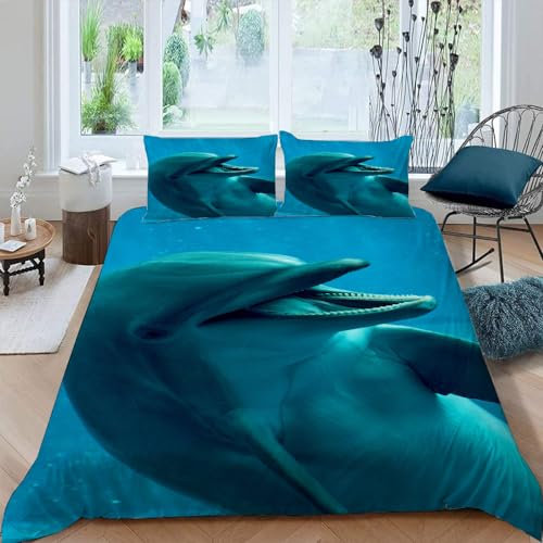 Bettwäsche 220x240 Delfin Bettwäsche-Set 3 Teilig 3D Druck Wasserlebewesen Bettbezug Weich Mikrofaser Bettbezüge mit Reißverschluss und Kissenbezug 80x80cm für Erwachsene Kinder