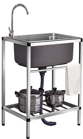 Commercial Sink Stainless-Steel Single Bowl Sink Free Standing Utility Sink with Faucet with Drainboard 1 Compartment for Garage Restaurant Kitchen Laundry Room Indoor Outdoor.