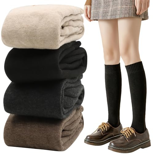 VEGCOO 4 Paires Chaussettes Hautes Femmes, Chaussettes d'hiver Hautes en Coton Femme, Chaussette Hautes en Tricot, Chaussette Montantes Tricotées D'hiver de Bottes