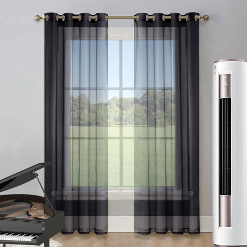 LIUNADM Gardine Halbtransparent mit Ösen 100 x 195 cm Größe Und Farbe Wählbar Querbehang Gardine Durchsichtig Tüllstoff für Küche Wohnzimmer Landhaus, Schwarz