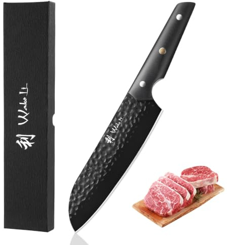 Wakoli Yugen Santokumesser 18 cm | Küchenmesser aus Edelstahl mit G10-Griff | Mattschwarze Titanbeschichtung, Full-Tang-Bauweise, beidseitiger V-Schliff 15°, in Geschenkbox, für Fleisch, Fisch und Gemüse