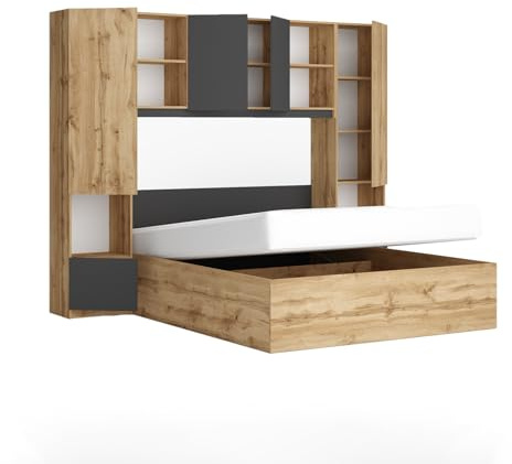 Camera da Letto Matrimoniale Design Moderno Completa con Struttura a Ponte e Letto Contenitore 160x200 cm Set Completo Rovere e Antracite CMG49 (Camera + rete)