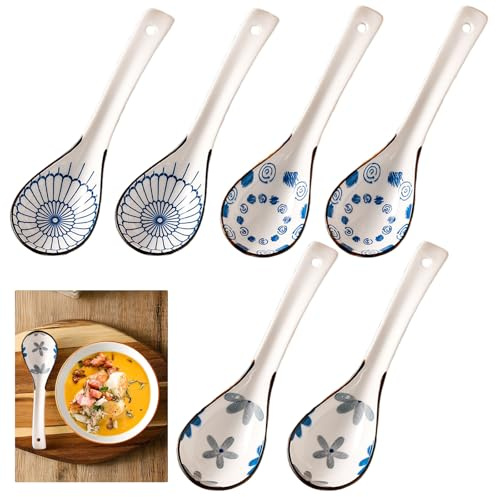 Cucharas De Sopa Chinas, Xiuyer 6pcs Juego De Cucharas De Sopa Asiática Cucharas De Sopa Japonesas Para Guisos Cereales Ramen Pho Wonton Dumpling Miso Cucharas De Sopa China De Cerámica