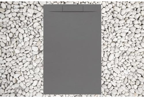 Plato de ducha 75 x 130 cm gris RAL 7037 Line Plus de resina y polvo de mármol con rejilla lateral de mármol