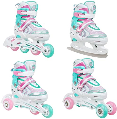 RAVEN 4in1 Inline Skates Triskates Rollschuhe Schlittschuhe Inliner für Kinder Mädchen verstellbar (Lia Plus Mint, 34-37 (21,5cm-24cm))