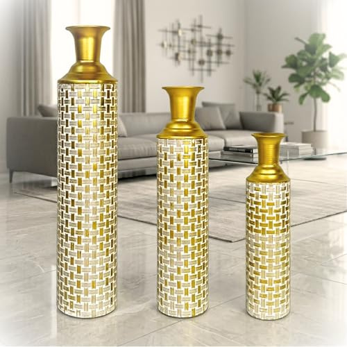 Leewadee Set de 3 jarrones de Suelo Grandes - Jarrones Decorativos Altos de Metal Dorado (65/53/41 cm) - Elegante decoración para Interiores con Estilo