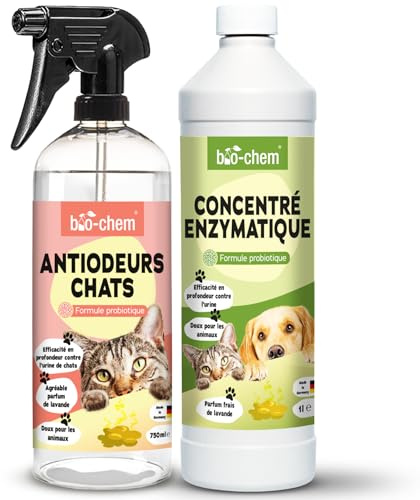 bio-chem Katzen Geruchsentferner Set Spray & Enzymreiniger | 750ml Katzenspray plus 1L Konzentrat gegen Tiergeruch auf Textilien & Oberflächen