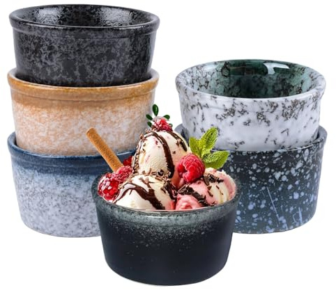 6Pcs 5oz Ceramic Ramekin Set, Ramekins Ceramic Cups for Pudding, Creme Brulee, Lava Cakes, Custard Cups, Souffle, Porcelain Dipping Sauce Bowls, Dishwasher Microwave and Oven Safe(Colored)