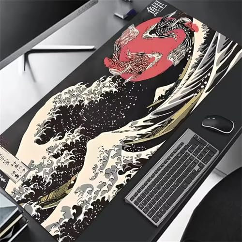 Tapis de Souris Gaming XXL Mouse Pad 800x400x3 mm Tapis de Bureau Grande Taille avec Coutures sur Les Bords Grand Tapis de Souris pour Gamer, Ordinateur, PC (Koi Wave)