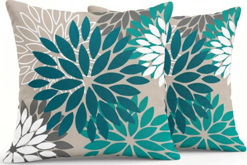 JANGYUHH 2er Set Kissenbezug 45x45 Modern Blumen Dekokissen Zweiseitiges Muster Blau Weiß Dahlien Sofakissen Outdoor Kissen Leinen Dekorative Kissenbezüge für Sofa Garten Wohnzimmer Bett