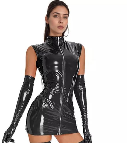 PARUPRUP Donna Sexy Pelle Cerniera Frontale Mini Vestito Latex Wetlook Bobycon Dress Festa Hot Clubwear Elasticità (Nero, S)