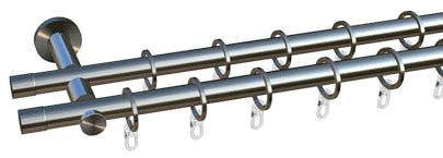 tilldekor Gardinenstange nach Maß, Andrax, 2-Lauf, Edelstahl-Optik 20 mm Durchmesser, Wunschmaßlänge 370 cm inkl. Trägern,Endstücken, Ringen und Faltenlegehaken