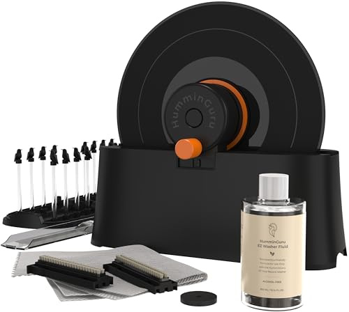 HumminGuru EZ Record Washer, Manual Vinyl Record Cleaner Machine with Easy Spin & Watertight Label Clamp, Record Cleaning Kit with Gentle Goat-Hair Brushes, Alcohol-Free LP Fluid, Drying Rack & Cloth