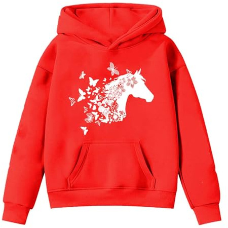 2026 Sweats à capuche à manches longues pour enfants avec imprimé cheval, Rouge, 12-13 ans