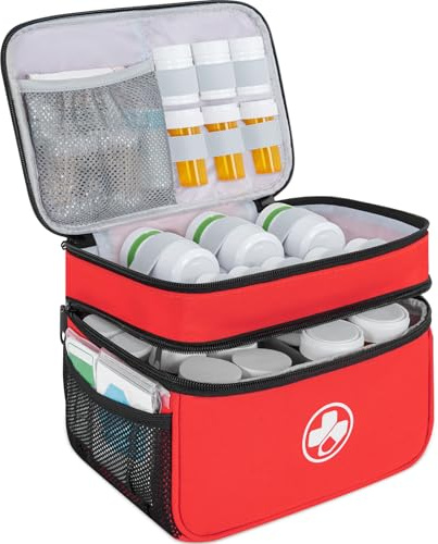 LASUK Dual Layers Medicine Organizer Bag, Pill Bottle Organizer Storage with Lockable Zipper, Lockable Medicine Travel Case for Pills, Vitamins, Medical Supplies, Red