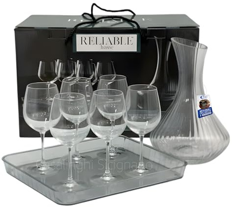 Sicignano Casalinghi Set Decanter Vino 1.7L con 6 Calici Degustazione 31.5cl e Vassoio, Kit Sommelier Completo 8 Pezzi in Vetro e Plastica, Idea Regalo Elegante per Natale, Matrimonio e Cene