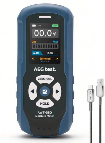 AEGTEST AWT-380 Rechargeable Pinless Moisture Meter for Wood, Drywall & Masonry, Wood Moisture Meter with Color Display, Adjustable Alarm, Data Records, Non-Destructive Water Leak Detector for Home