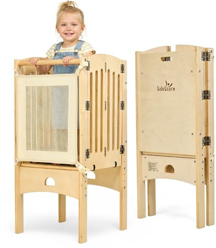 Lululearn® Lernturm ab 1 Jahr [FALTBAR] – Montessori Learning Tower, vormontiert, höhenverstellbar & extra sicher | Platzsparender Tritthocker für Küche & Alltag (Natural)