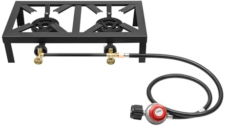 Double Burner Gas Stove, 16000W Cast Iron Camping Stove, Portable Outdoor Propane Burner Hob for BBQ, Restaurant Catering, Patio, Cooking Surface 18.90 * 9.84 inch, 0-10PSI, 3.9ft Hose Length