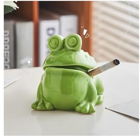 Cendrier avec couvercle en forme de grenouille, en céramique, vert, coupe-vent, pour maison, bureau, terrasse (B)