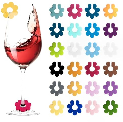 ZAKTUS 24 Pezzi Segnabicchieri Silicone, Segna Bicchieri Calici, Colorati Riutilizzabili per Varie Tazze, Forniture per Decorazioni, per Calici, Natalizi, Accessori Vino